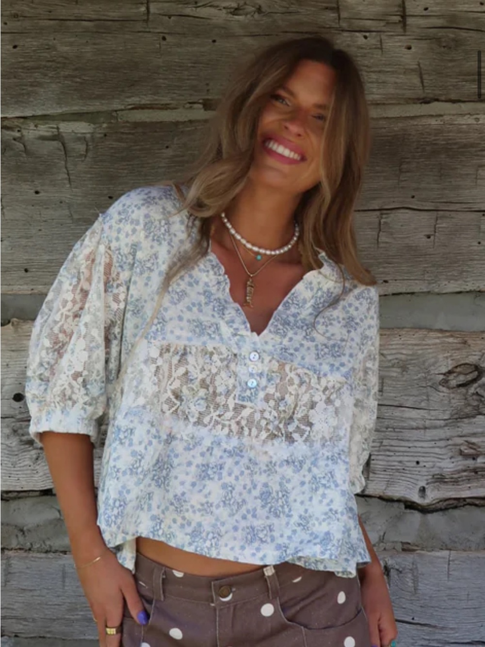 POL White and Light Blue Floral Lace Peasant Blouse
